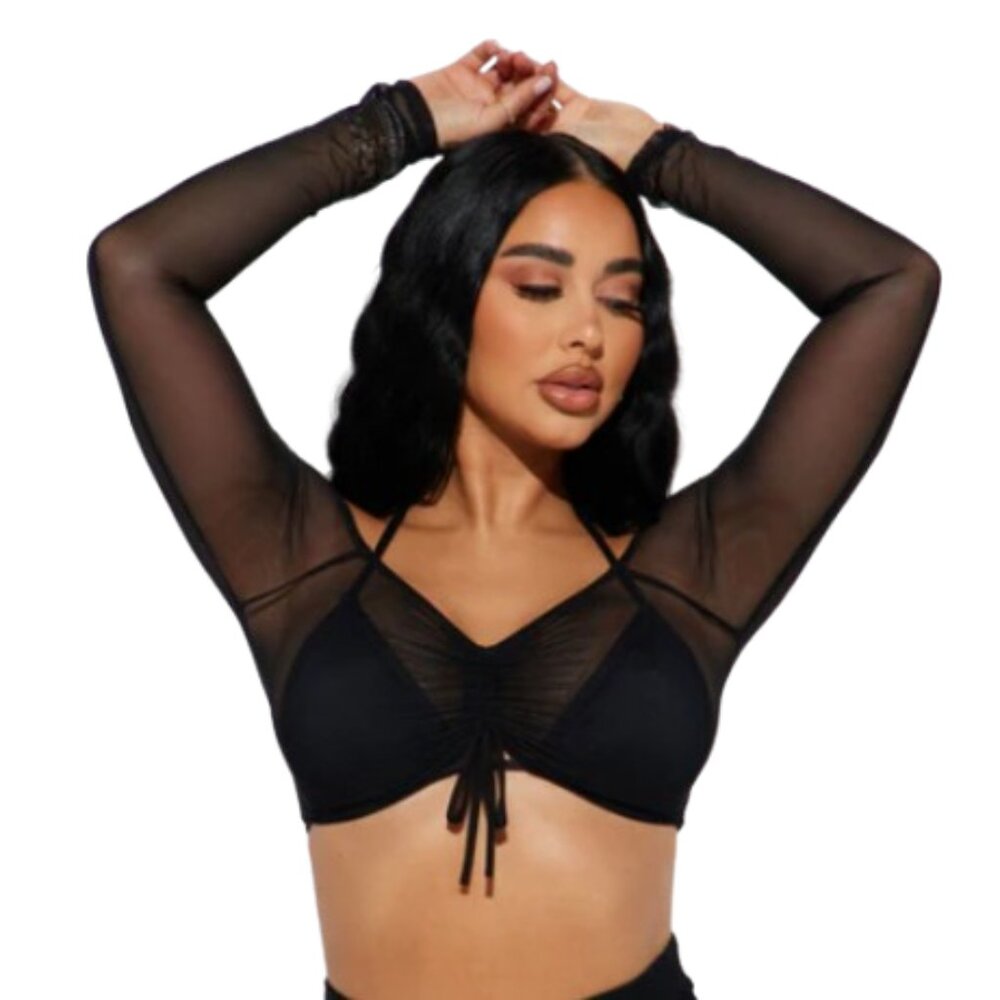 NWT Fashion Nova Black Oasis Babe Ruched Sheer Mesh Top – Black – 1X